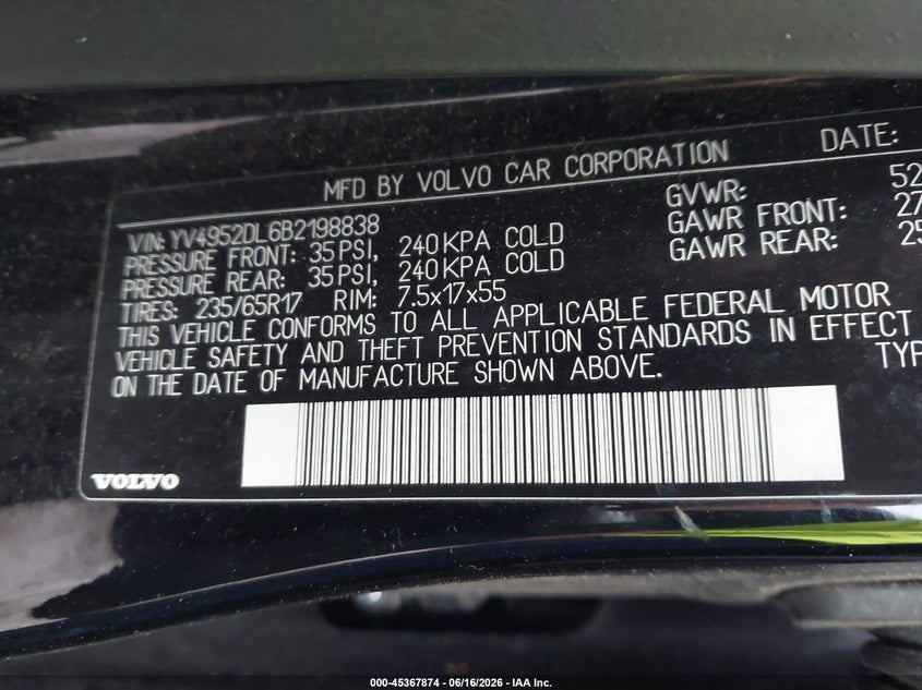 2011 Volvo Xc60 VIN YV4952DL6B2198838 IAAI salvage auction — NORMAL WEAR, Clear (Alabama), sold $225 on 2026-07-10 (photo 9)