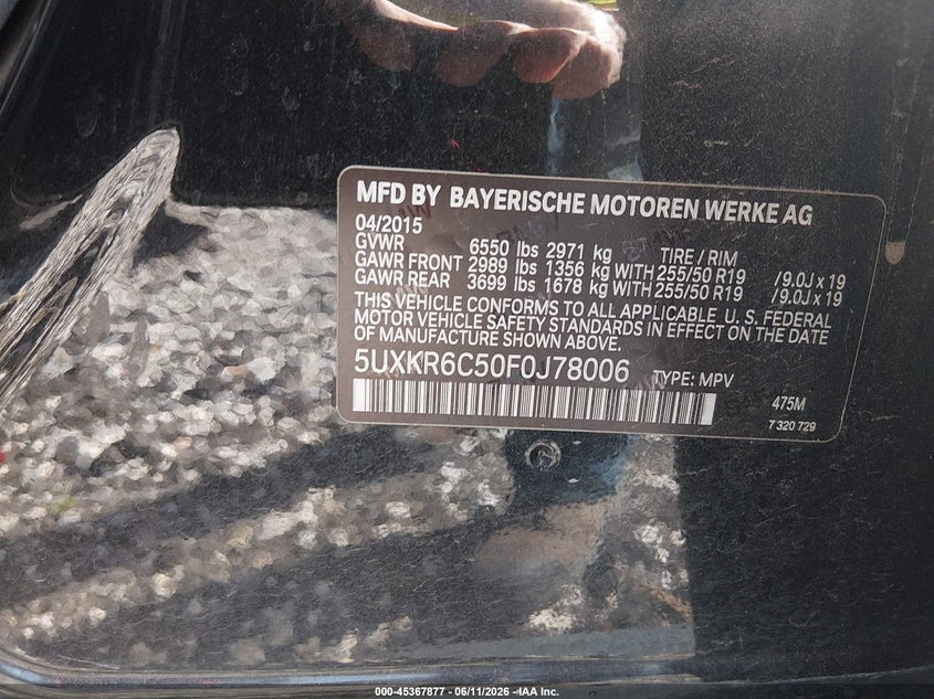 2015 BMW X5 VIN 5UXKR6C50F0J78006 IAAI salvage auction — NORMAL WEAR, Clear (Arkansas), sold $2,400 on 2026-07-09 (photo 9)