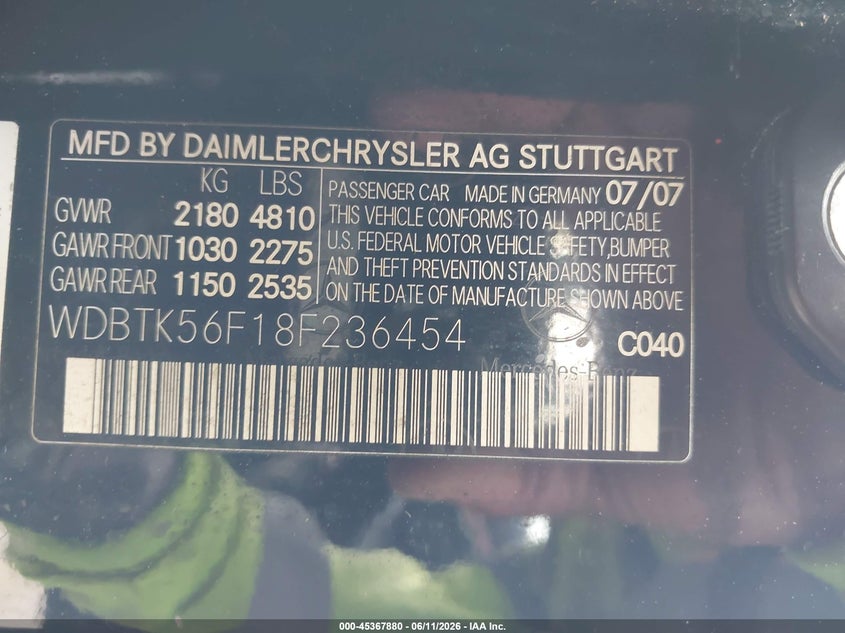 2008 Mercedes-benz Clk-class VIN WDBTK56F18F236454 IAAI salvage auction — RIGHT REAR, Original (Texas), sold $700 on 2026-07-08 (photo 9)