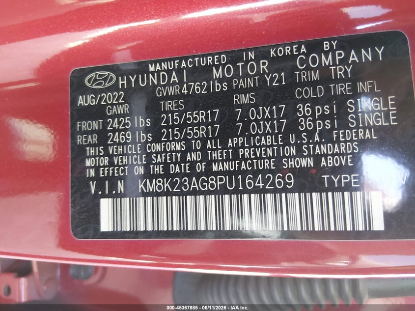 2023 Hyundai VIN KM8K23AG8PU164269 IAAI salvage auction — FRONT END, Salvage (California), sold $5,350 on 2026-07-09 (photo 9)