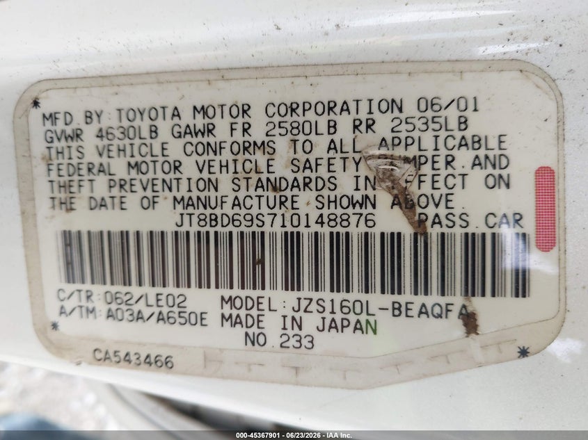 2001 Lexus Gs 300 VIN JT8BD69S710148876 IAAI salvage auction — NORMAL WEAR, Clear (Florida), sold $25 on 2026-07-23 (photo 9)
