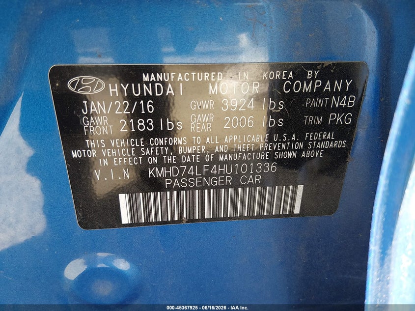 2017 Hyundai Elantra VIN KMHD74LF4HU101336 IAAI salvage auction — REAR END, Bill Of Sale (Washington), sold $2,150 on 2026-07-08 (photo 9)