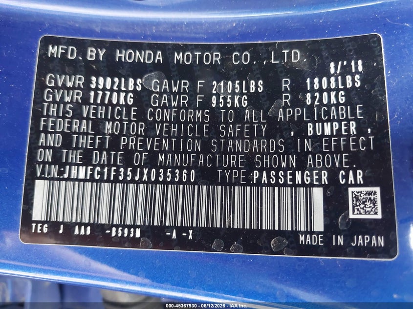 2018 Honda Civic VIN JHMFC1F35JX035360 IAAI salvage auction — SIDE, Salvage (Arizona), sold $2,850 on 2026-07-07 (photo 9)