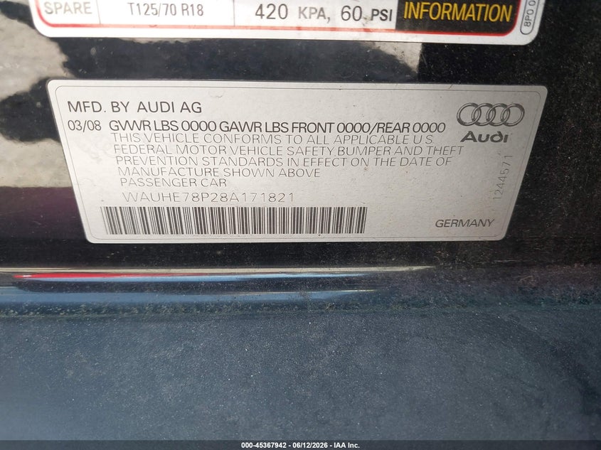 2008 Audi A3 VIN WAUHE78P28A171821 IAAI salvage auction — NORMAL WEAR, Clear (Washington), sold $450 on 2026-07-22 (photo 9)
