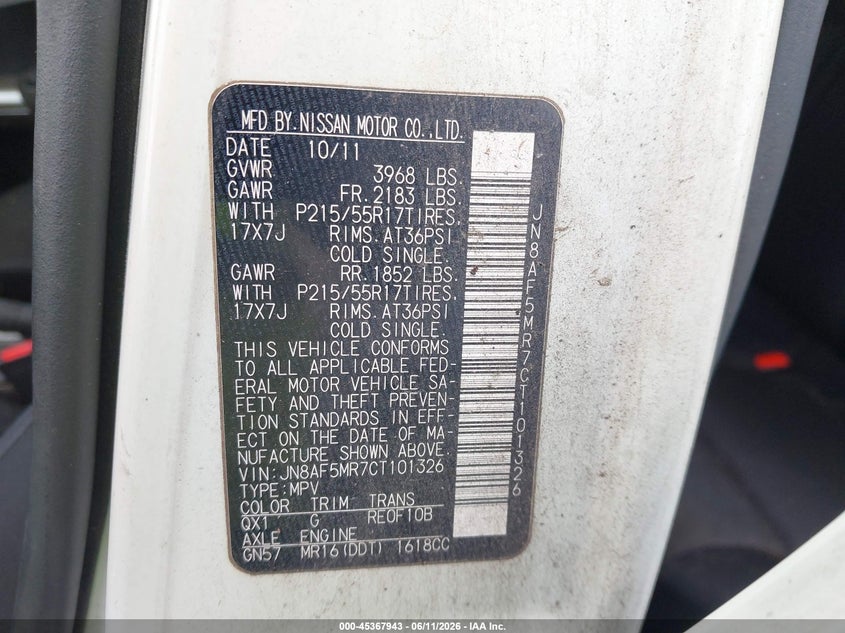 2012 Nissan Juke VIN JN8AF5MR7CT101326 IAAI salvage auction — NORMAL WEAR, Repossession Paperwork (Georgia), sold $25 on 2026-07-15 (photo 9)