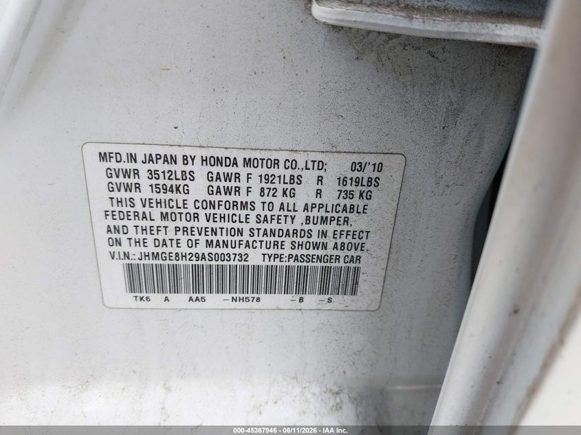 2010 Honda Fit VIN JHMGE8H29AS003732 IAAI salvage auction — FRONT END, Mv-907A (New York), sold $450 on 2026-07-07 (photo 9)