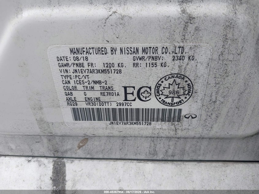 2019 Infiniti Q50 VIN JN1EV7AR3KM551728 IAAI salvage auction — LEFT FRONT, Salvage Title, sold $2,850 on 2026-07-14 (photo 9)