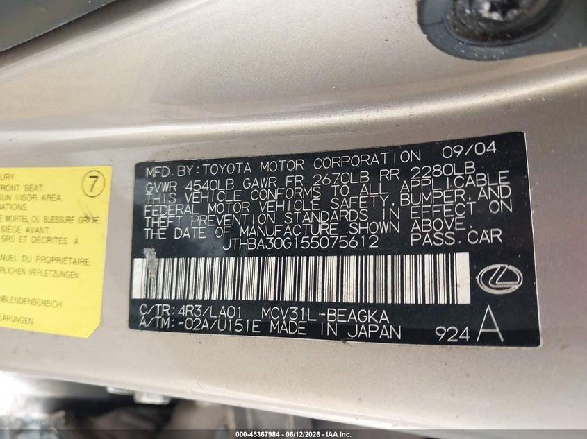 2005 Lexus Es 330 VIN JTHBA30G155075612 IAAI salvage auction — NORMAL WEAR, Repossession Paperwork (Georgia), sold $550 on 2026-07-13 (photo 9)