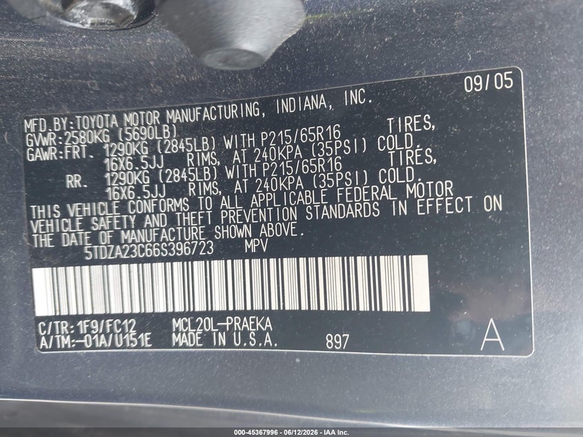 2006 Toyota Sienna VIN 5TDZA23C66S396723 IAAI salvage auction — NORMAL WEAR, Clear (New Jersey), sold $575 on 2026-07-16 (photo 9)