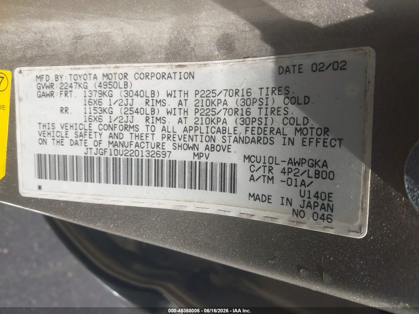 2002 Lexus Rx 300 VIN JTJGF10U220132697 IAAI salvage auction — FRONT & REAR, Clear (Florida), sold $550 on 2026-07-20 (photo 9)