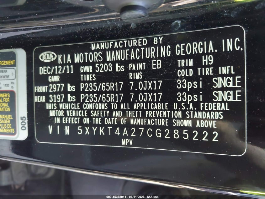 2012 Kia Sorento VIN 5XYKT4A27CG285222 IAAI salvage auction — NORMAL WEAR, Repossession Paperwork (Georgia), sold $600 on 2026-07-15 (photo 9)