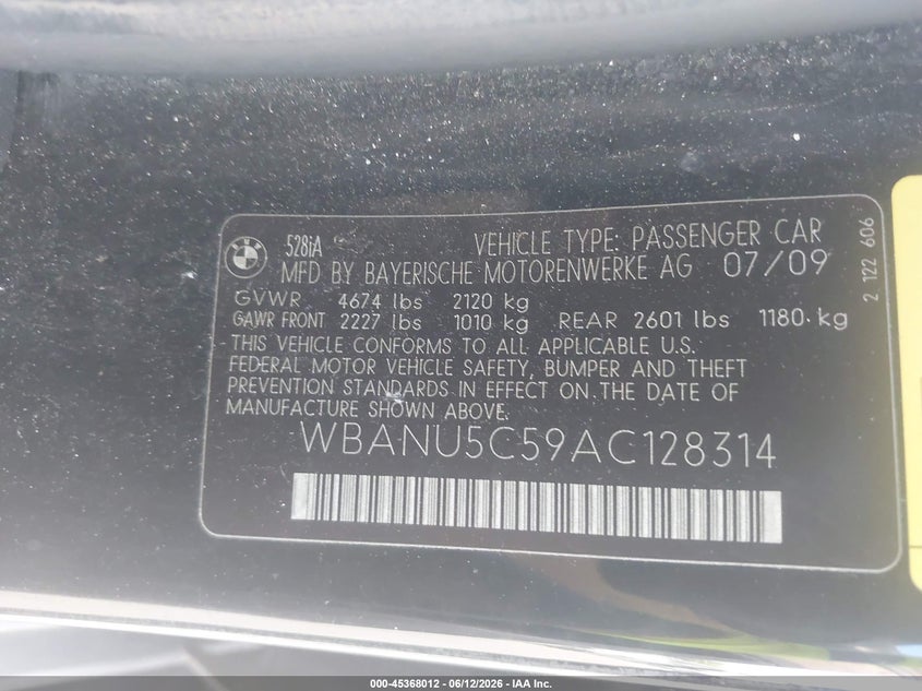 2010 BMW 5 series VIN WBANU5C59AC128314 IAAI salvage auction — FRONT END, Original (Texas), sold $325 on 2026-07-15 (photo 9)