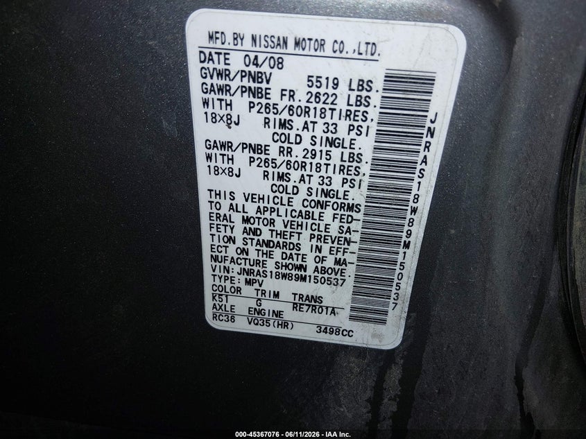 2009 Infiniti Fx VIN JNRAS18W89M150537 IAAI salvage auction — RIGHT REAR, Salvage (Idaho), sold $450 on 2026-07-10 (photo 9)