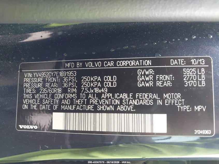 2014 Volvo Xc90 VIN YV4952CY7E1691953 IAAI salvage auction — LEFT SIDE, Salvage Title, sold $675 on 2026-07-23 (photo 9)