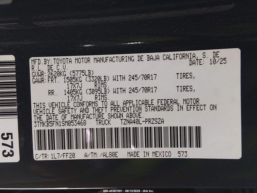 2025 Toyota Tacoma VIN 3TMKB5FN1SM053468 IAAI salvage auction — FRONT END, Salvage Title, sold $12,350 on 2026-07-13 (photo 9)