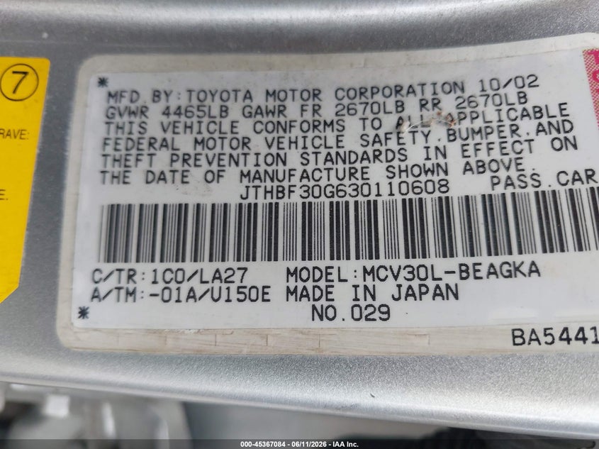 2003 Lexus Es 300 VIN JTHBF30G630110608 IAAI salvage auction — ENGINE BURN, Non-Repairable (California), sold $250 on 2026-07-09 (photo 9)