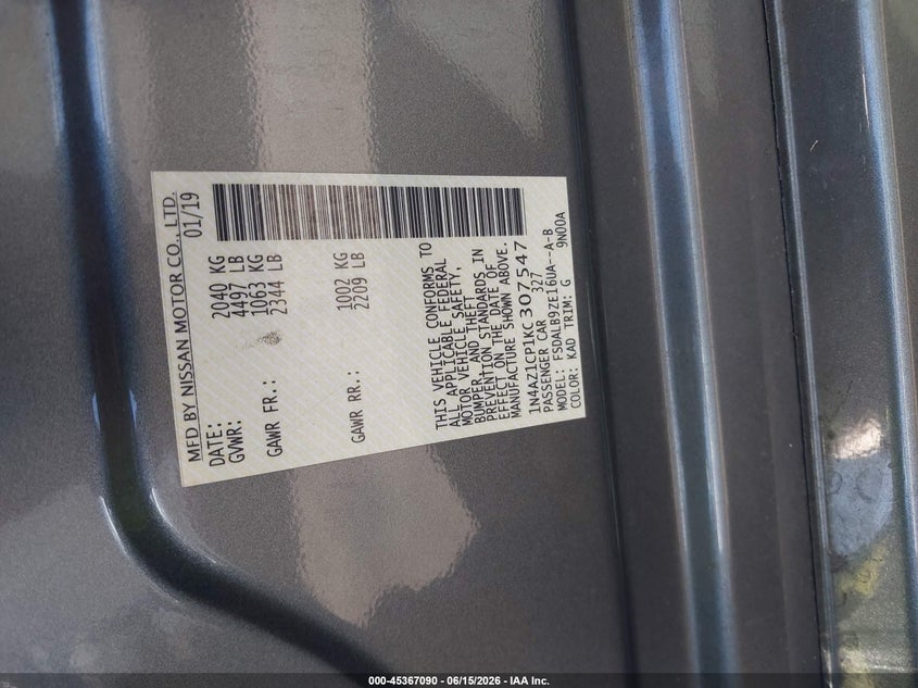 2019 Nissan Leaf VIN 1N4AZ1CP1KC307547 IAAI salvage auction — FRONT END, Salvage Title, sold $1,550 on 2026-07-24 (photo 9)