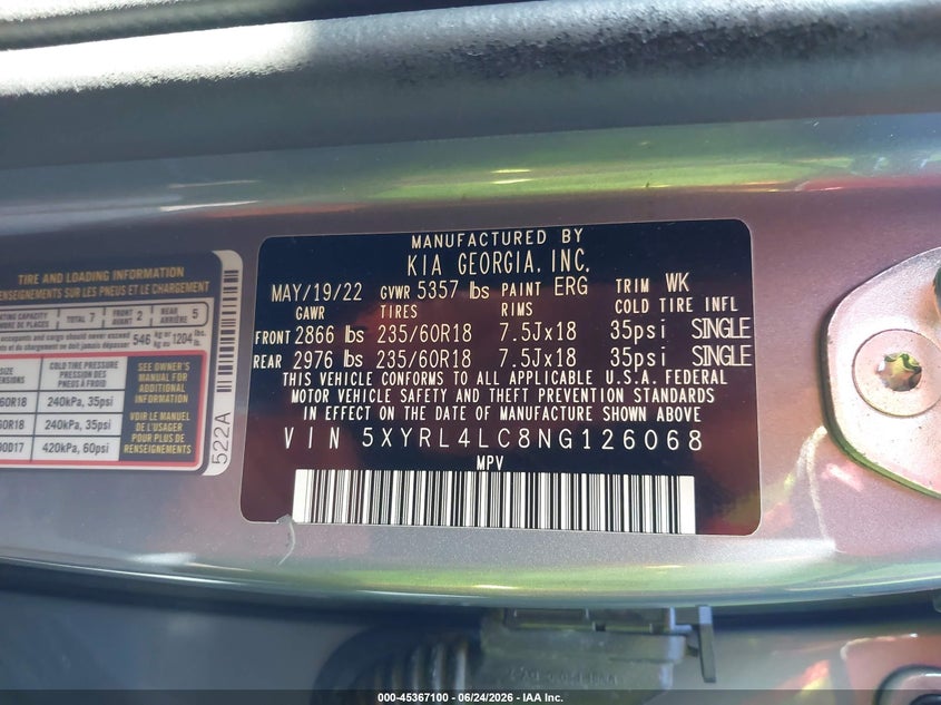 2022 Kia Sorento VIN 5XYRL4LC8NG126068 IAAI salvage auction — RIGHT REAR, Salvage Title, sold $8,850 on 2026-07-24 (photo 9)