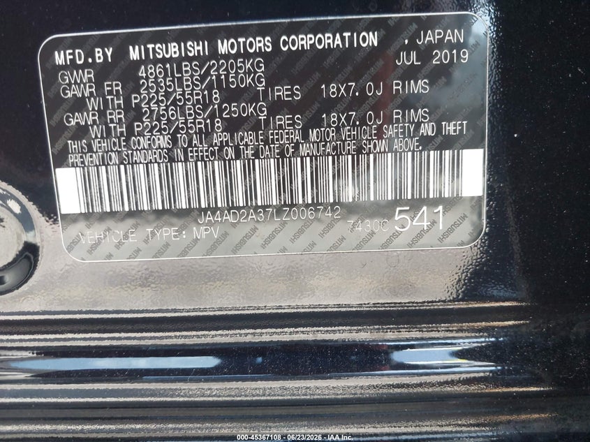 2020 Mitsubishi Outlander VIN JA4AD2A37LZ006742 IAAI salvage auction — SIDE, Salvage Title, sold $3,000 on 2026-07-23 (photo 9)