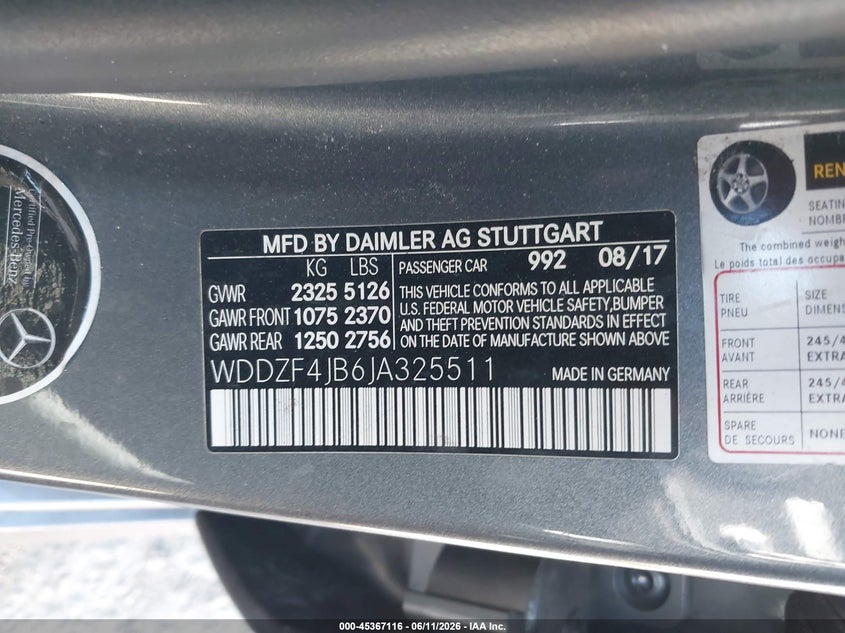 2018 Mercedes-benz VIN WDDZF4JB6JA325511 IAAI salvage auction — RIGHT FRONT, Salvage Title, sold $3,950 on 2026-07-29 (photo 9)