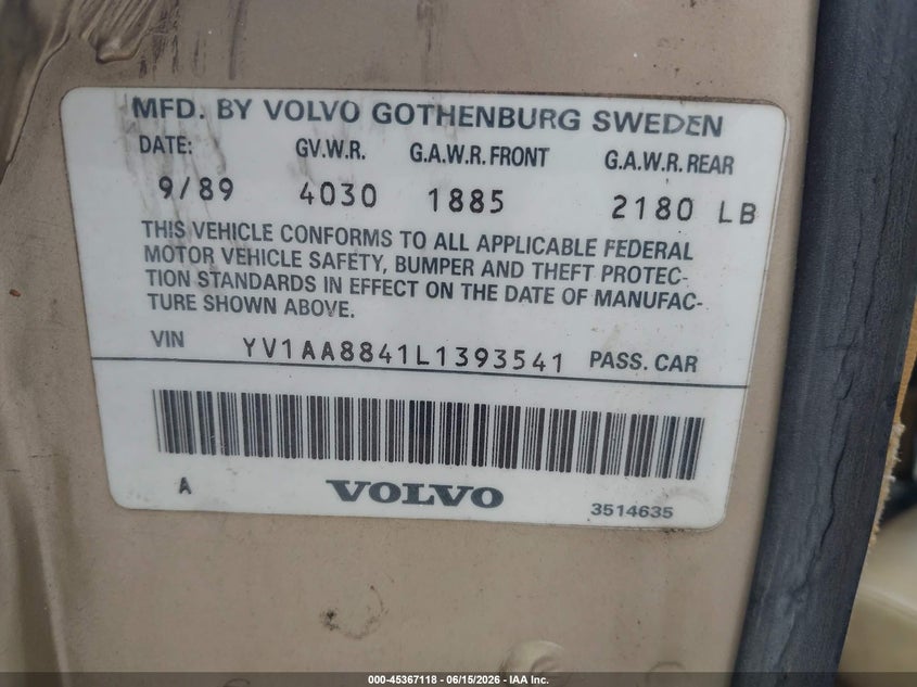1990 Volvo 240 VIN YV1AA8841L1393541 IAAI salvage auction — NORMAL WEAR, Clear (Florida), sold $300 on 2026-08-06 (photo 9)