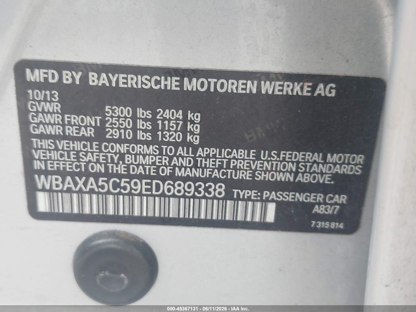 2014 BMW 5er VIN WBAXA5C59ED689338 IAAI salvage auction — NORMAL WEAR, Clear (Florida), sold $1,300 on 2026-07-22 (photo 9)
