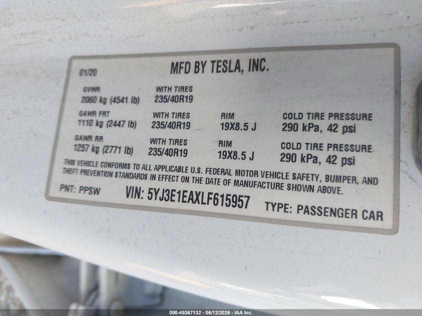2020 Tesla Model 3 VIN 5YJ3E1EAXLF615957 IAAI salvage auction — NORMAL WEAR, Original (Texas), sold $2,275 on 2026-07-22 (photo 9)