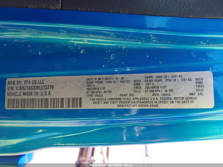 2021 Jeep Gladiator VIN 1C6HJTAGXML513779 IAAI salvage auction — BIO HAZARD, Salvage (Arizona), sold $12,300 on 2026-07-28 (photo 9)