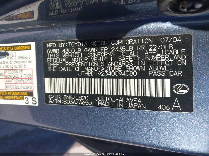 2004 Lexus Is VIN JTHBD192340094080 IAAI salvage auction — NORMAL WEAR, Clear - Dealer Only (California), sold $375 on 2026-07-13 (photo 9)