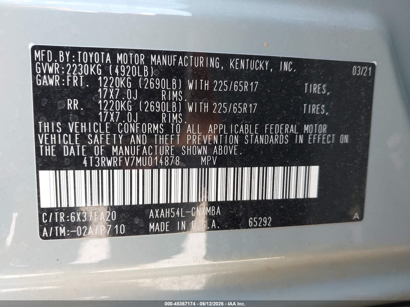 2021 Toyota Rav 4 VIN 4T3RWRFV7MU014878 IAAI salvage auction — LEFT FRONT, Salvage Title, sold $13,600 on 2026-08-24 (photo 9)