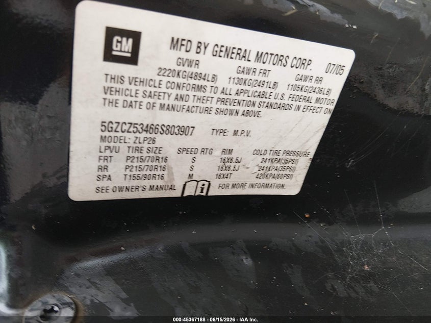 2006 Saturn Vue VIN 5GZCZ53466S803907 IAAI salvage auction — LEFT SIDE, Clear (Alabama), sold $225 on 2026-07-09 (photo 9)