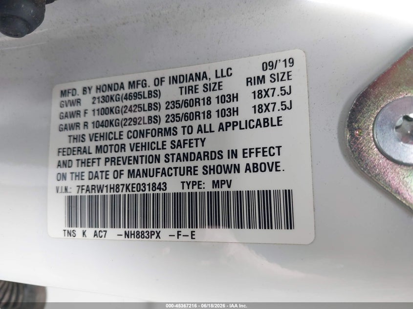 2019 Honda Cr-v VIN 7FARW1H87KE031843 IAAI salvage auction — LEFT REAR, Salvage Title, sold $5,600 on 2026-07-26 (photo 9)