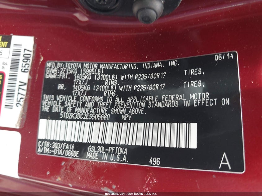 2014 Toyota Sienna VIN 5TDZK3DC2ES505680 IAAI salvage auction — FRONT & REAR, Salvage Title, sold $1,350 on 2026-07-21 (photo 9)