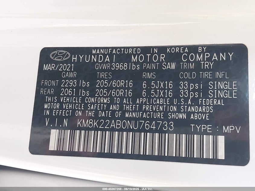 2022 Hyundai Kona VIN KM8K22AB0NU764733 IAAI salvage auction — FRONT END, Bill Of Sale (Washington), sold $3,750 on 2026-07-09 (photo 9)