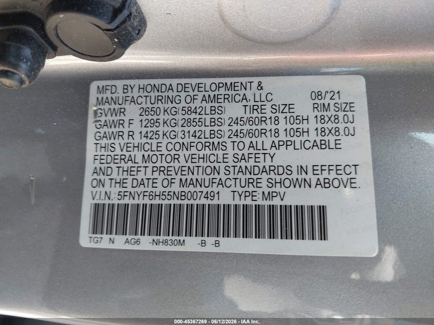 2022 Honda Pilot VIN 5FNYF6H55NB007491 IAAI salvage auction — SIDE, Salvage Title, sold $9,600 on 2026-07-28 (photo 9)