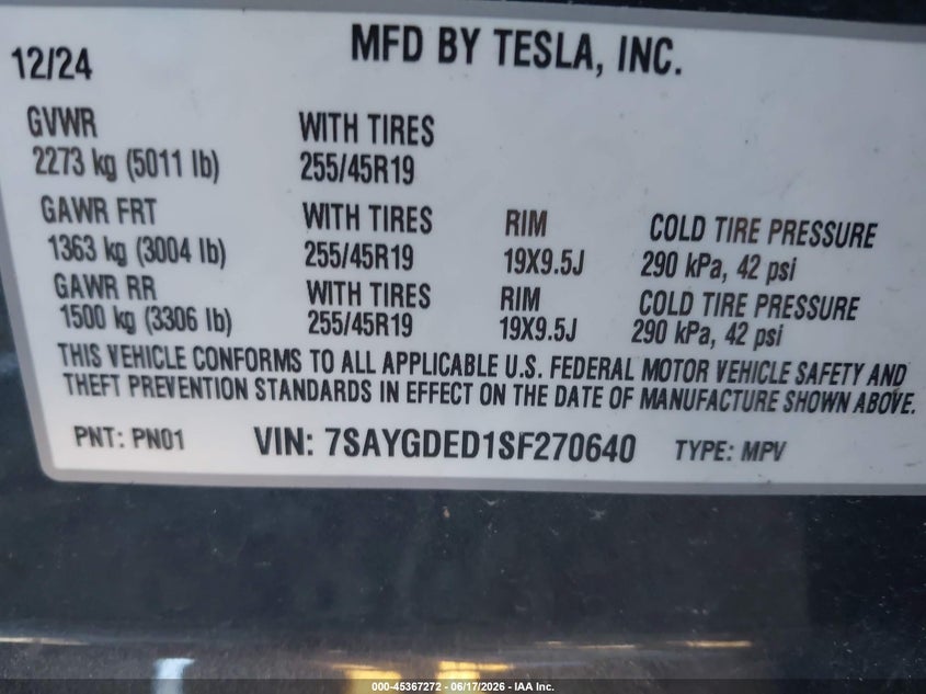 2025 Tesla Model y VIN 7SAYGDED1SF270640 IAAI salvage auction — FRONT END, Salvage Title, sold $9,650 on 2026-07-27 (photo 9)