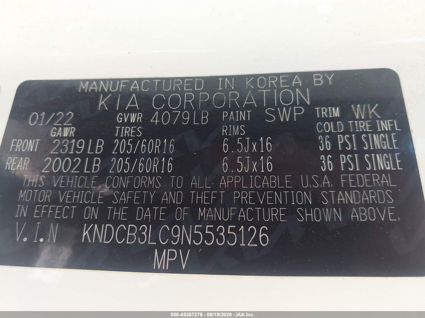 2022 Kia Niro VIN KNDCB3LC9N5535126 IAAI salvage auction — FRONT END, Salvage Title, sold $5,800 on 2026-07-17 (photo 9)