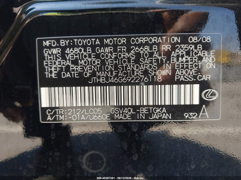 2009 Lexus ES VIN JTHBJ46G692276118 IAAI salvage auction — REAR END, Salvage (California), sold $850 on 2026-07-08 (photo 9)
