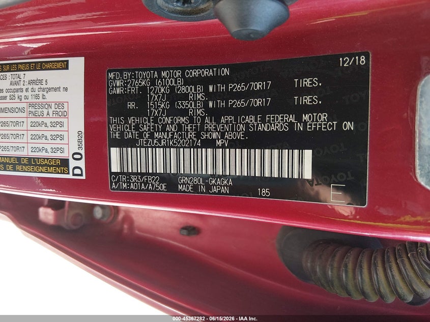 2019 Toyota 4runner VIN JTEZU5JR1K5202174 IAAI salvage auction — NORMAL WEAR, Original (West Virginia), sold $1,050 on 2026-07-22 (photo 9)