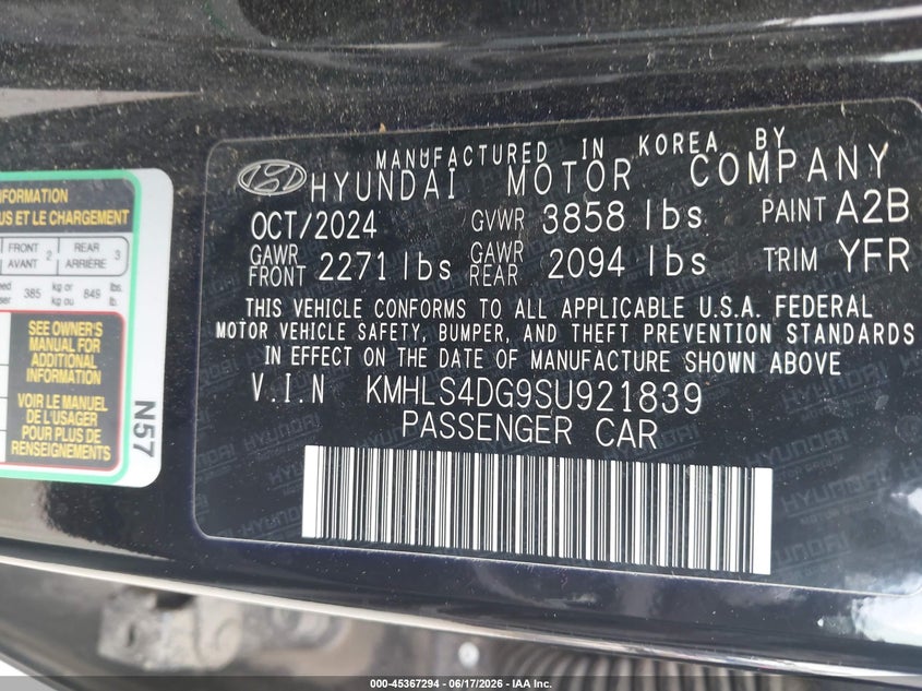 2025 Hyundai Elantra VIN KMHLS4DG9SU921839 IAAI salvage auction — FRONT END, Enterprise Vehicles Clear Only (Alabama), sold $13,300 on 2026-07-07 (photo 9)