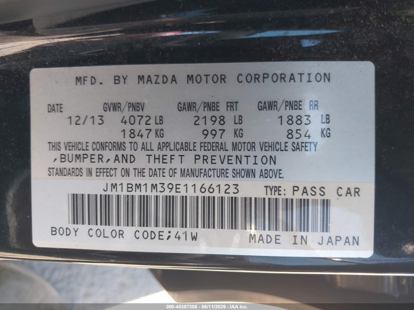 2014 Mazda VIN JM1BM1M39E1166123 IAAI salvage auction — FRONT END, Salvage (California), sold $1,475 on 2026-07-15 (photo 9)