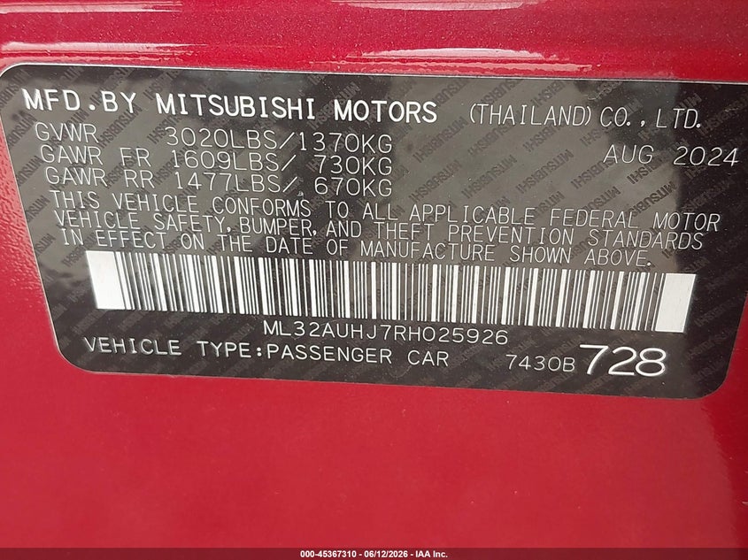 2024 Mitsubishi Mirage VIN ML32AUHJ7RH025926 IAAI salvage auction — FRONT END, Enterprise Vehicles Clear Only (California), sold $6,100 on 2026-07-28 (photo 9)