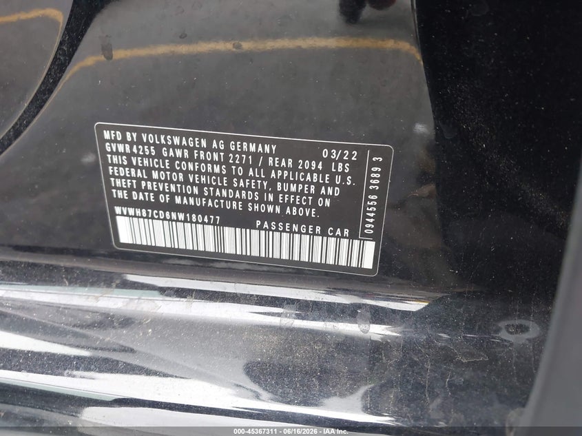 2022 Volkswagen Golf gti VIN WVWH87CD6NW180477 IAAI salvage auction — RIGHT FRONT, Salvage (South Carolina), sold $5,000 on 2026-07-22 (photo 9)