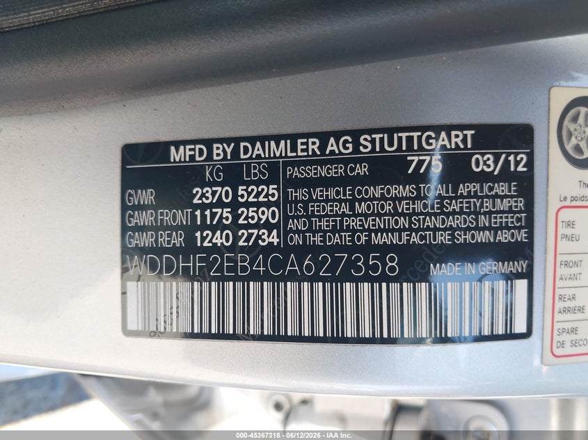 2012 Mercedes-benz VIN WDDHF2EB4CA627358 IAAI salvage auction — FRONT END, Salvage (California), sold $25 on 2026-07-29 (photo 9)