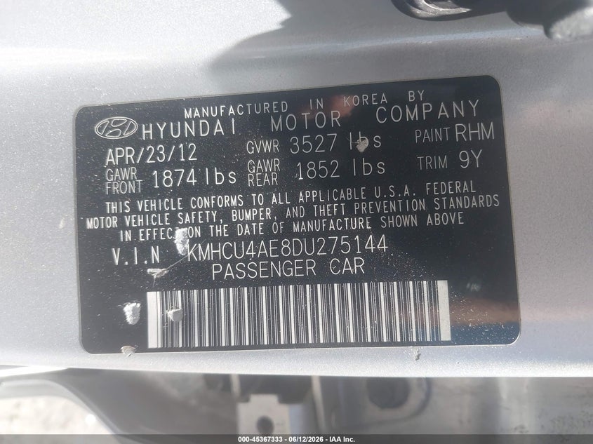 2013 Hyundai Accent VIN KMHCU4AE8DU275144 IAAI salvage auction — FRONT END, Salvage (Utah), sold $475 on 2026-07-09 (photo 9)