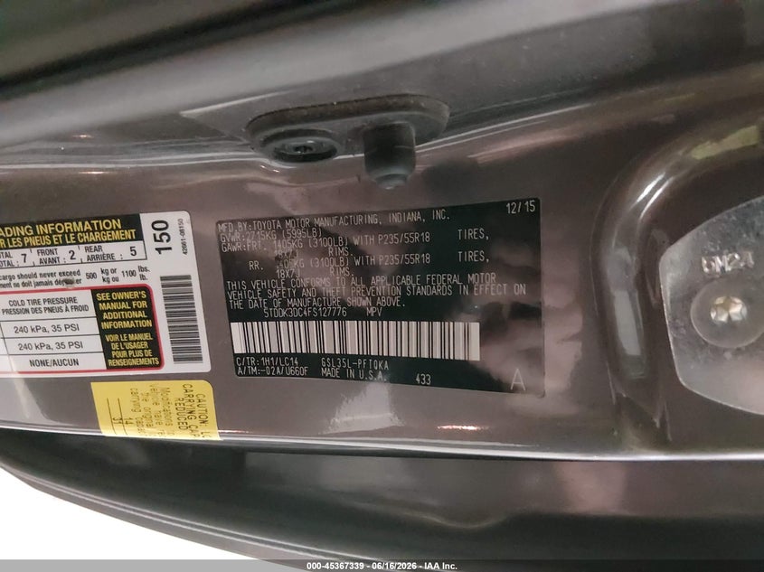 2015 Toyota Sienna VIN 5TDDK3DC4FS127776 IAAI salvage auction — FRONT END, Salvage (Iowa), sold $25 on 2026-07-28 (photo 9)