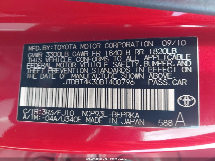 2011 Toyota Yaris VIN JTDBT4K30B1400796 IAAI salvage auction — NORMAL WEAR, Clear (Hawaii), sold $875 on 2026-07-14 (photo 9)