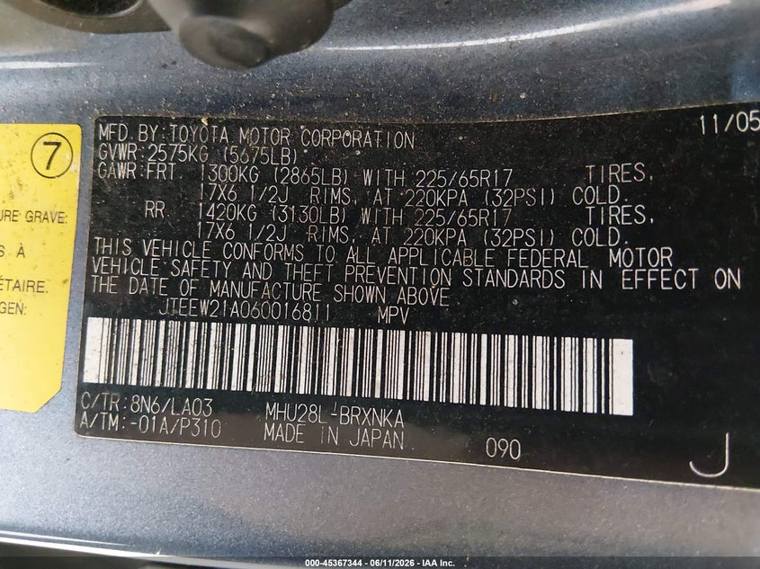 2006 Toyota Highlander VIN JTEEW21A060016811 IAAI salvage auction — NORMAL WEAR, Clear (Tennessee), sold $450 on 2026-07-13 (photo 9)