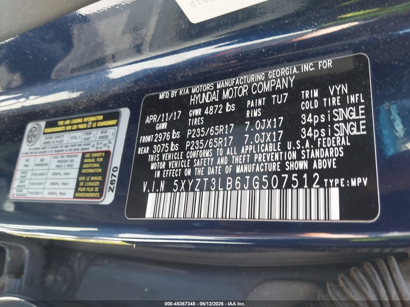 2018 Hyundai Santa fe VIN 5XYZT3LB6JG507512 IAAI salvage auction — FRONT END, Salvage (California), sold $2,950 on 2026-07-23 (photo 9)