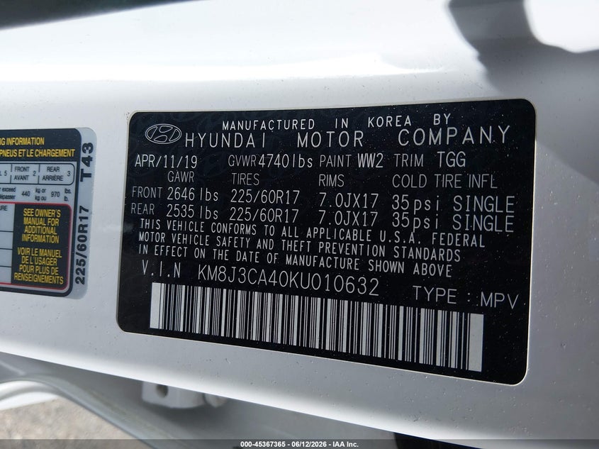 2019 Hyundai Tucson VIN KM8J3CA40KU010632 IAAI salvage auction — LEFT REAR, Salvage (Colorado), sold $2,600 on 2026-07-21 (photo 9)